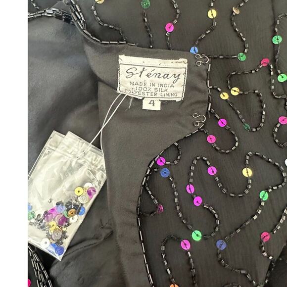 NWT Vintage Women's Cut Silk Black Rainbow Beaded Midi Cocktail Dress Size 4 - Picture 6 of 7
